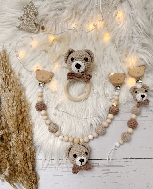 Teddybear, Schnullerkette, Kinderwagenkette und Greifring Rassel